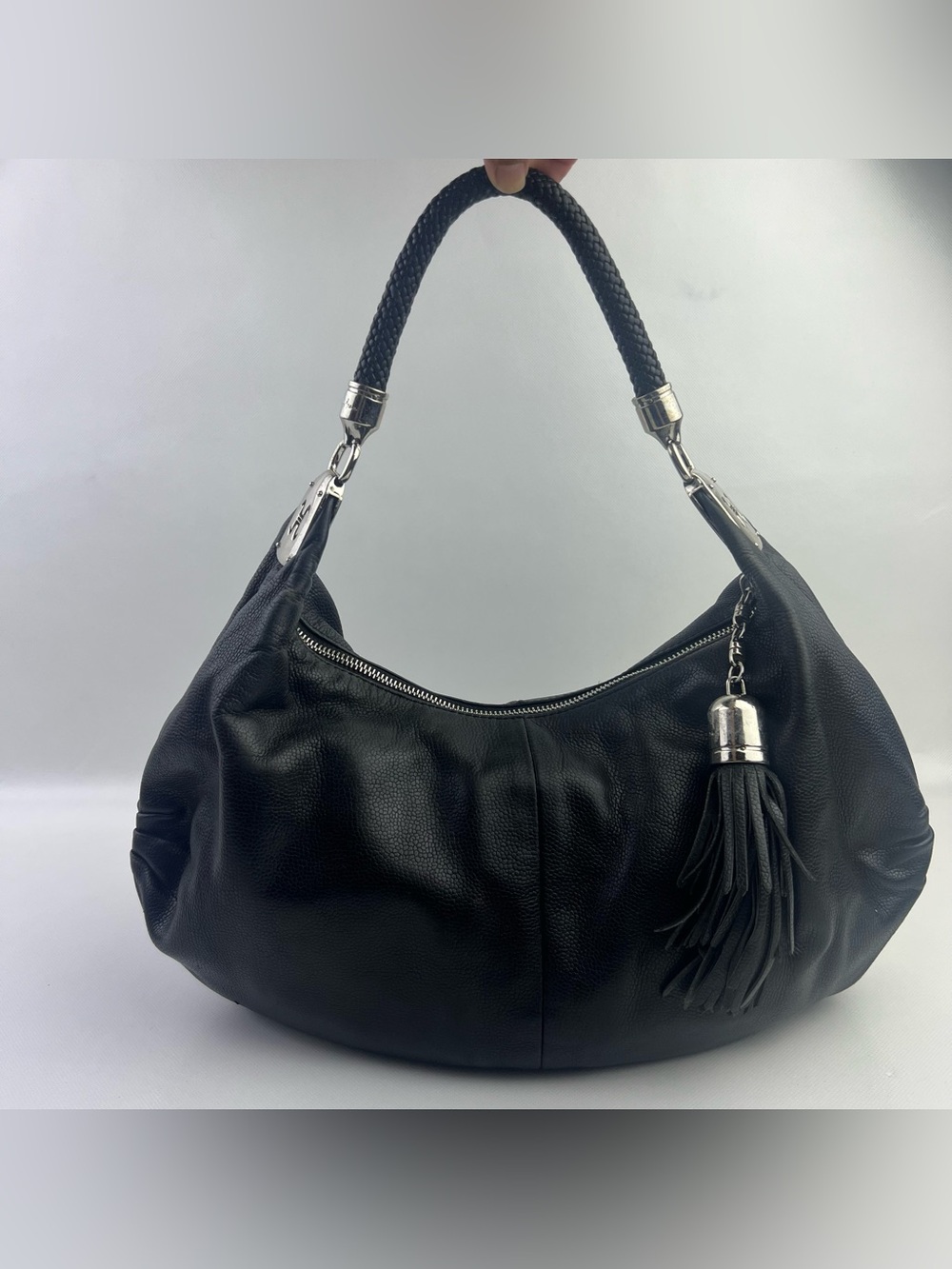 Cole Haan Collection F06 Pebbled Leather Hobo Bag Braid Handle Tassel